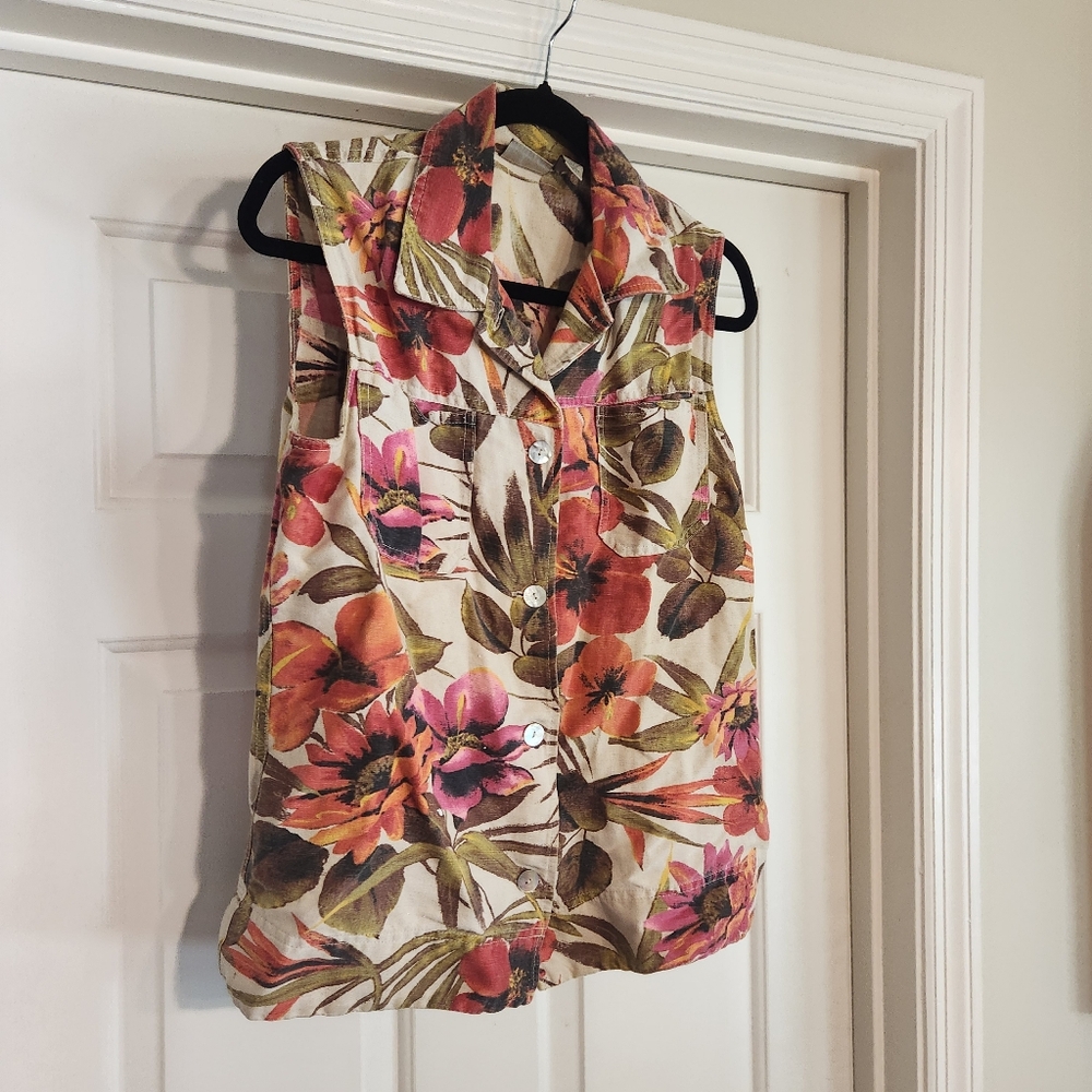 Chicos Y2k LINEN VEST TROPICAL PRINT SZ 1 (M) WOMENS Sleeveless